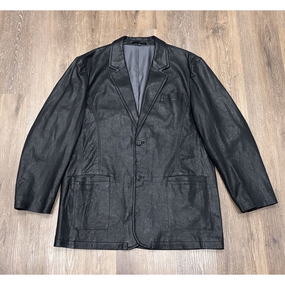 Jhane Barnes Black Leather Blazer Jacket Mens 46 Two Button Sport Coat